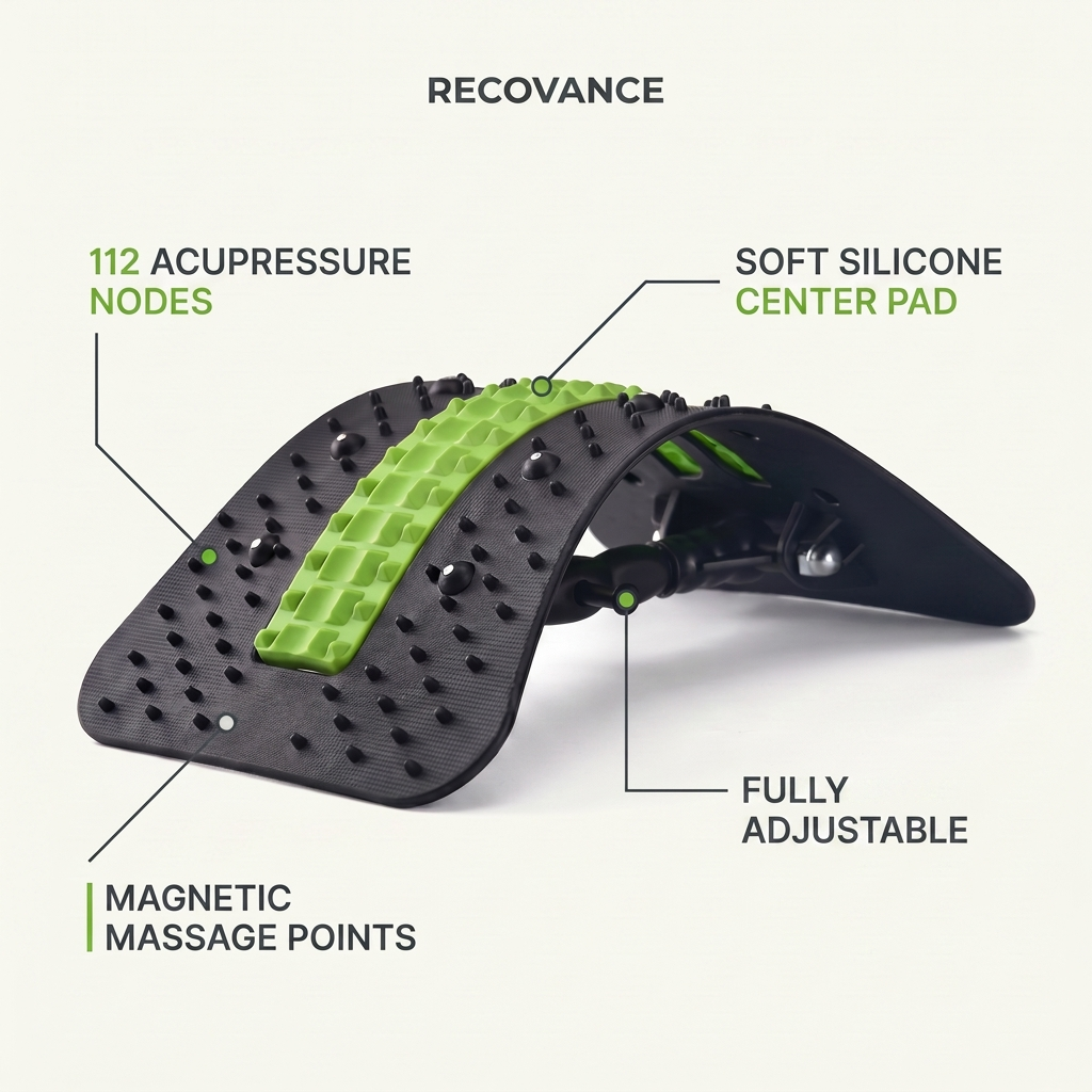 Recovance ArcStretch features: 112 acupressure nodes, magnetic massage points, silicone center pad, fully adjustable arch